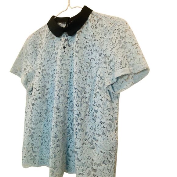 ZARA Woman Floral Lace Keyhole Back Short Sleeve Collared Top Light Blue Small - Picture 2 of 5